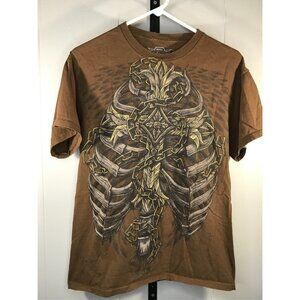 Vintage Y2K MMA Elite T-Shirt Sz MD Short Sleeve Cross Bones Wings Chains Brown